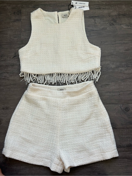Jason Wu Dresses & Skirts - Jason Wu Ivory Tweed Beaded Fringe Crop Top & High-Waist Shorts Set